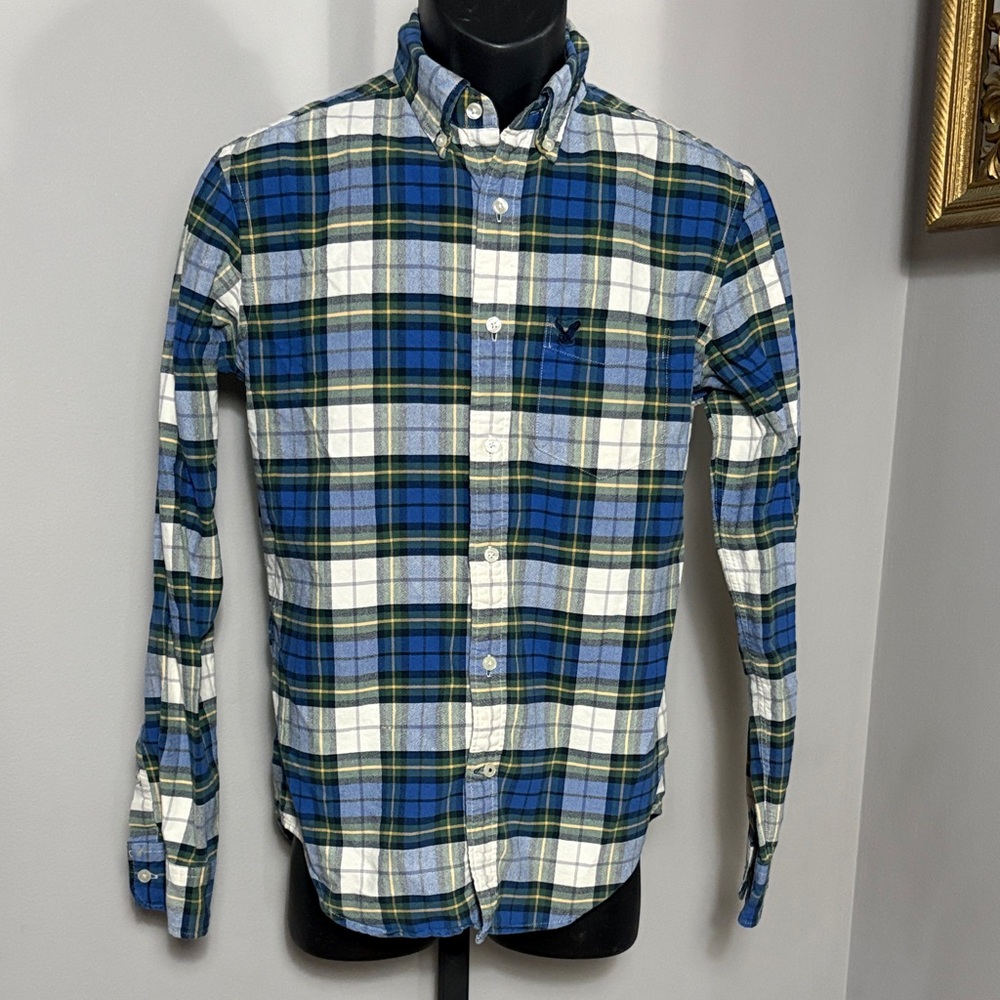 American Eagle AEO Small Classic Fit Blue Green Plaid Button Shirt